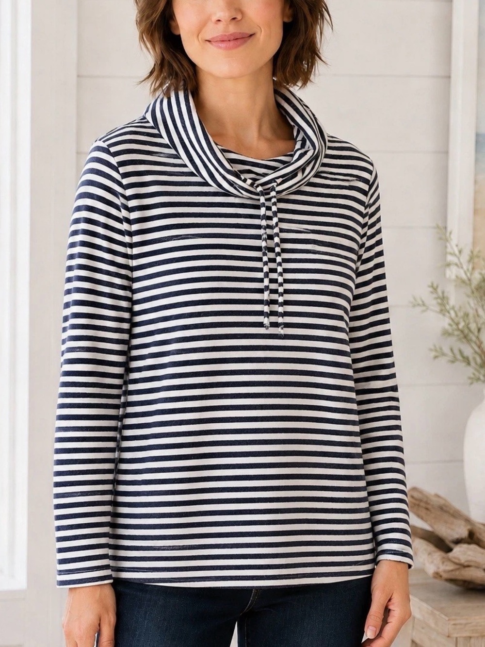 Talbots Women's Navy White Striped Cowl Neck Pullover Coastal